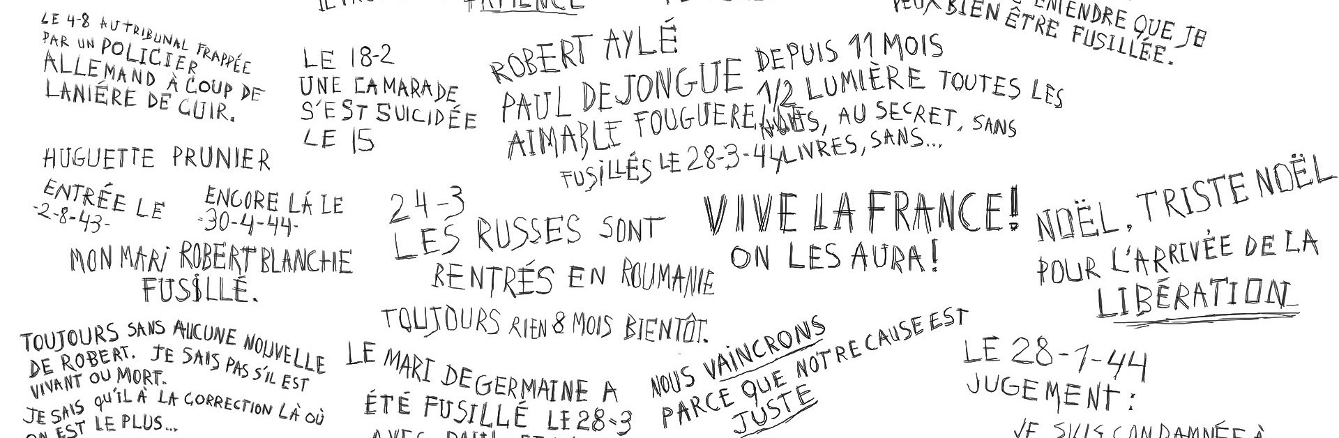 Reproduction de nombreux graffitis retrouvés dans les cellules de prisonniers de la Seconde Guerre mondiale à Fresnes