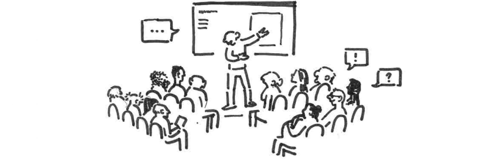 Dessins montrant les différentes étapes de la collection écomuséale : la phase de recherche, celle de valorisation, celle d'assemblée et de vote