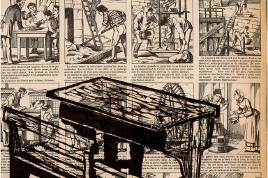 Dessin d'un bureau d'écolier sur du papier journal