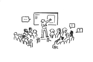 Dessins montrant les différentes étapes de la collection écomuséale : la phase de recherche, celle de valorisation, celle d'assemblée et de vote