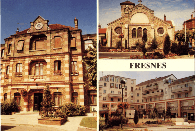 Trois vues de la place de l'Hôtel de ville de Fresnes : la mairie, l'église Saint-Eloi et les appartements du centre-ville - Agrandir l'image 1 sur 12, fenêtre modale
