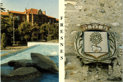 Vue du centre-ville et de la mairie de Fresnes dans les années 1990, avec l'emblème de la ville - Agrandir l'image 2 sur 12, fenêtre modale
