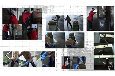 Plusieurs photographies d'un gardien d'immeuble en train de travailler - Agrandir l'image 3 sur 5, fenêtre modale