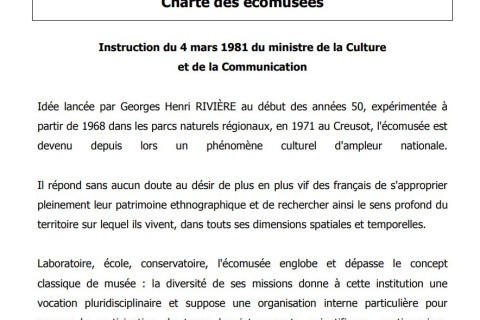 Capture d'écran de la première page de la charte des écomusées de 1981