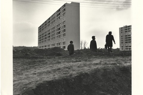 Photographie de trois enfants de dos devant des tours de la Peupleraie