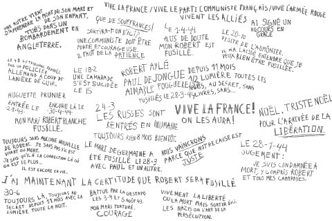 Reproduction de nombreux graffitis retrouvés dans les cellules de prisonniers de la Seconde Guerre mondiale à Fresnes